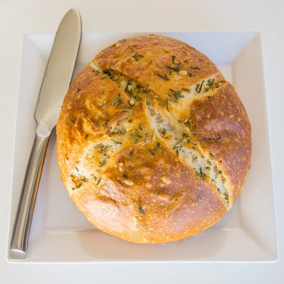 Freshly baked round Garlic Herb Dutch Oven Bread with crispy golden crust and rosemary sprigs on top