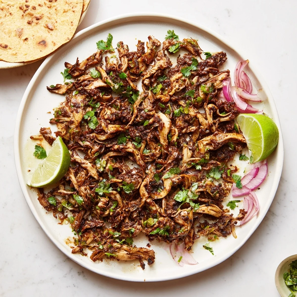 Savory mushroom carnitas arranged in a colorful street taco bowl with diced red onion, avocado slices, and zesty lime wedges