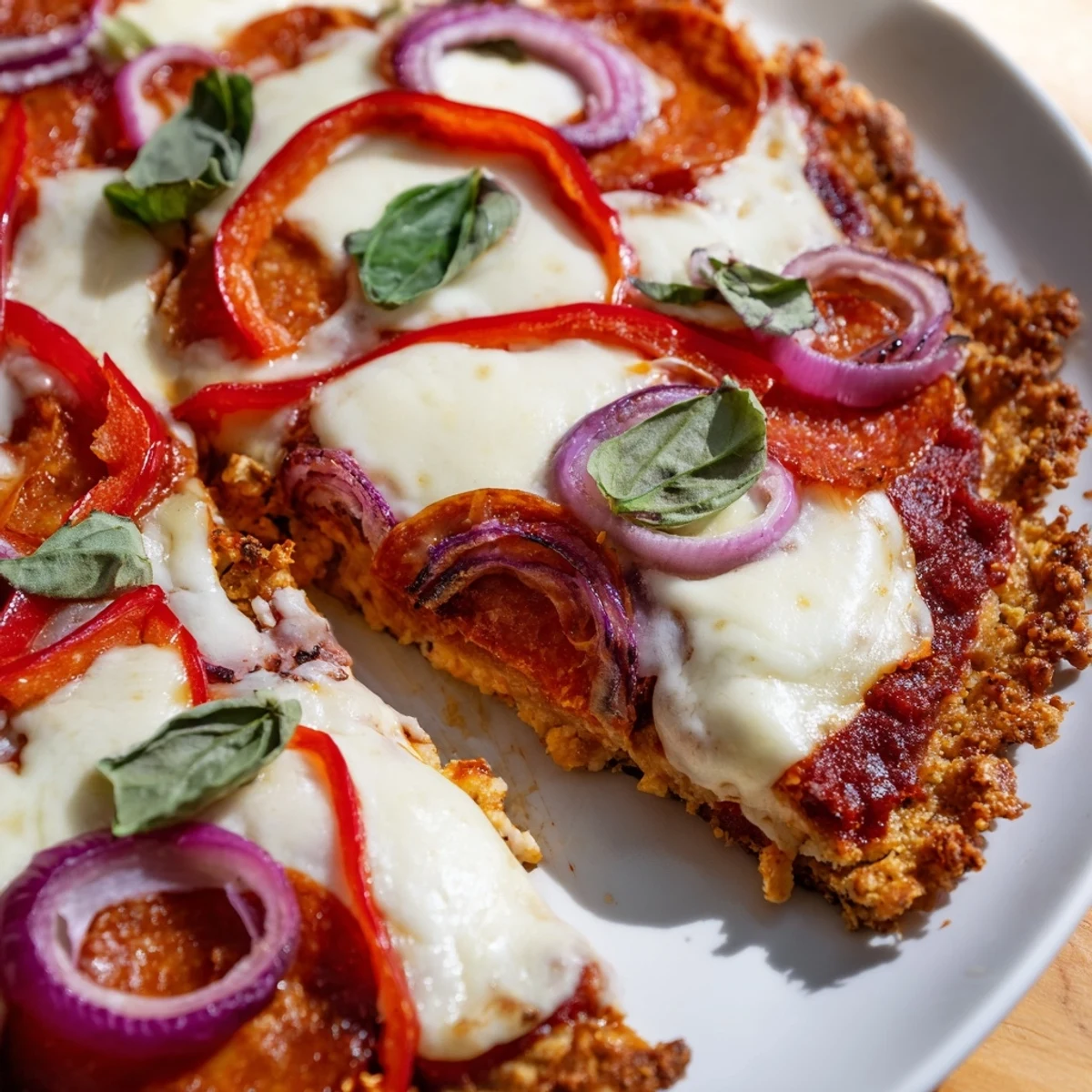 Golden crispy chicken crust pizza topped with melted mozzarella pepperoni and fresh vegetables