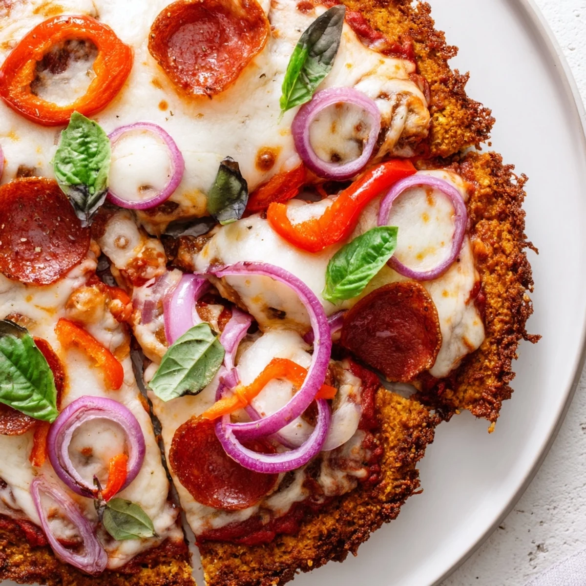 Low carb chicken crust pizza baked to golden perfection with bubbling cheese and colorful toppings