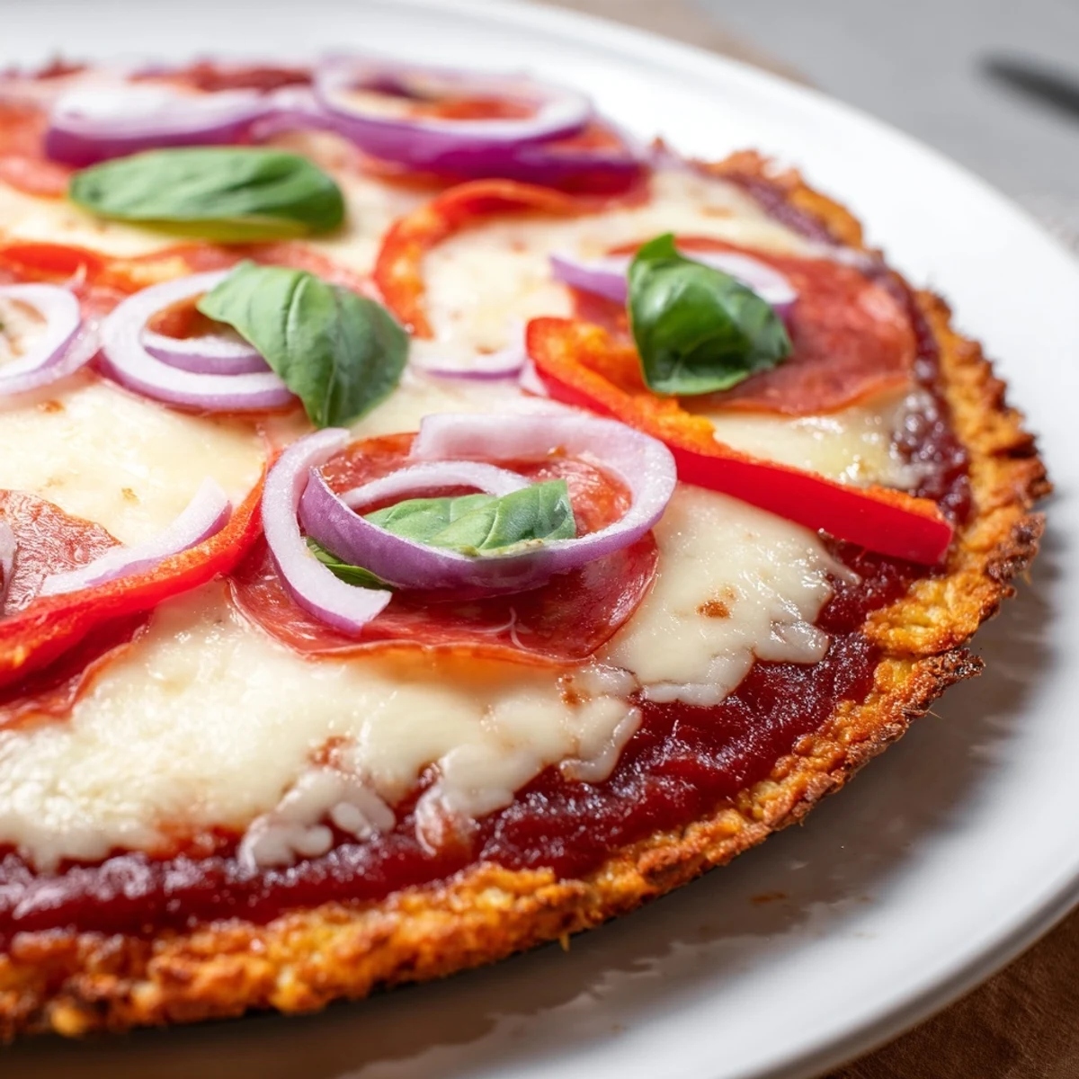 Homemade crispy chicken crust pizza featuring pepperoni vegetables and fresh basil on a golden base