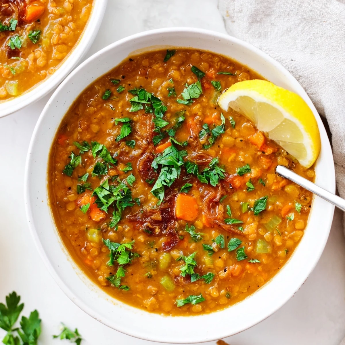 Creamy caramelized onion red lentil soup in a white bowl, garnished with fresh green parsley and lemon wedges on a rustic wooden table.