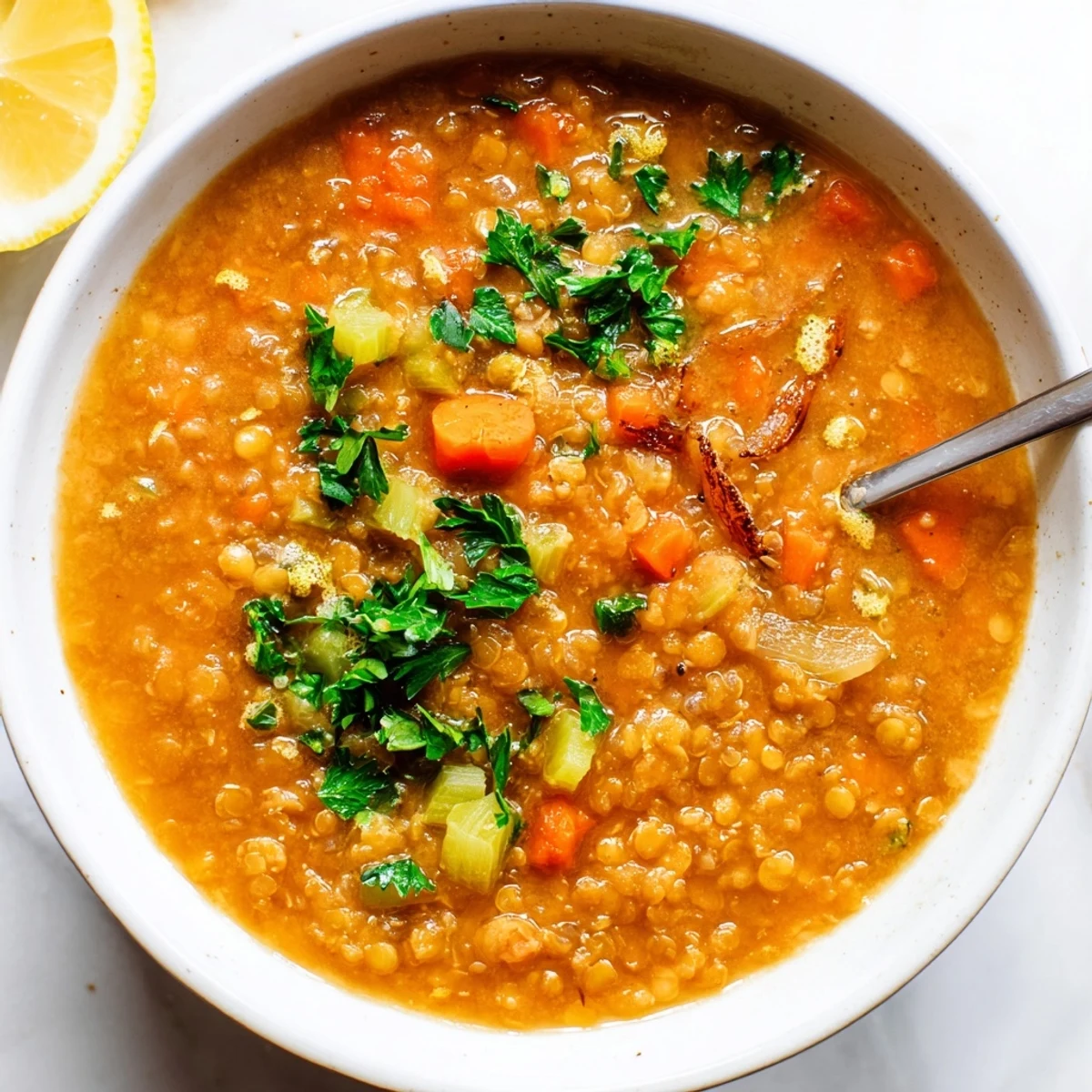 Golden caramelized onions and tender red lentils create a rich, warming vegetarian soup served with crusty bread for a comforting meal.