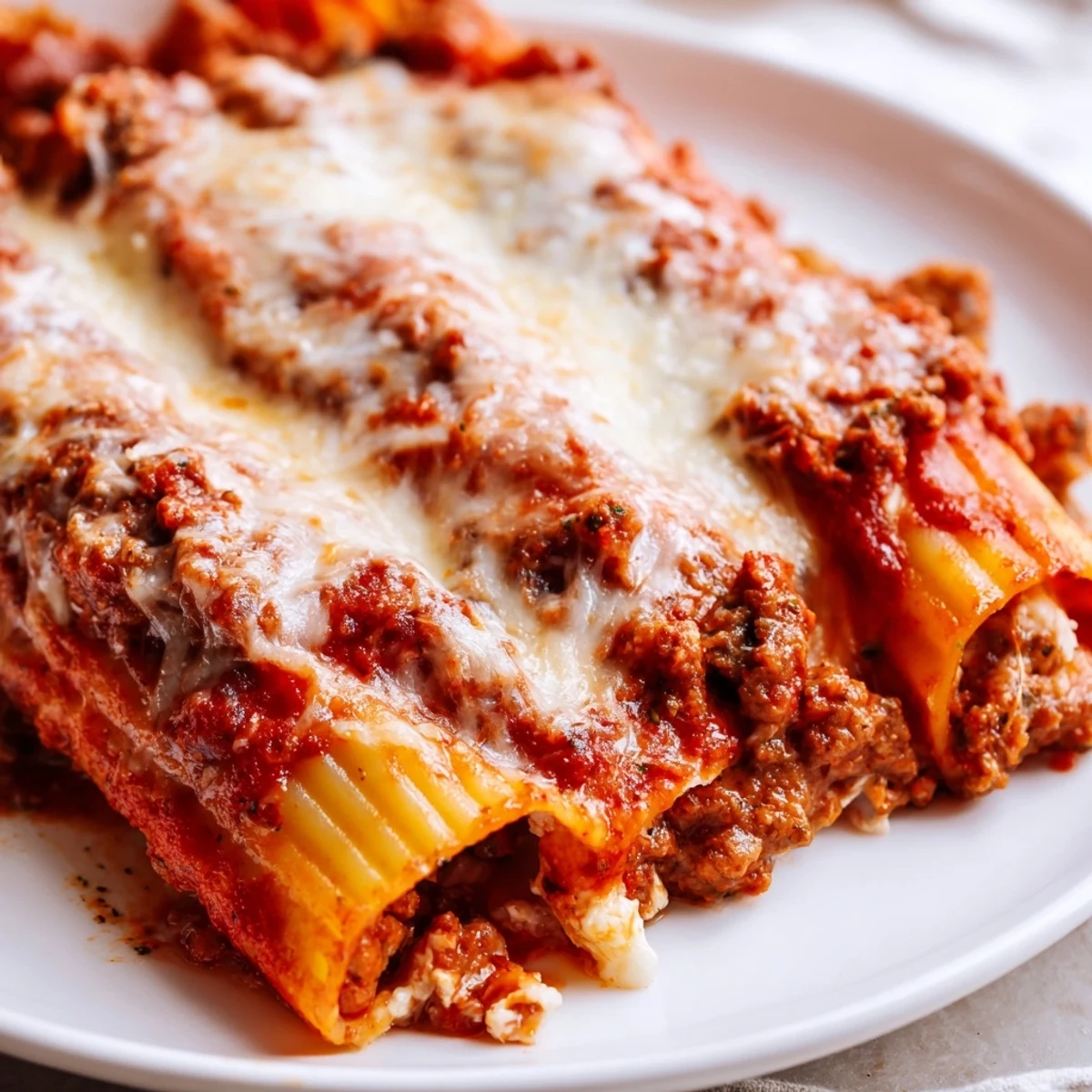 Golden baked cheesy stuffed manicotti noodles swimming in rich homemade meat sauce with melted cheese topping