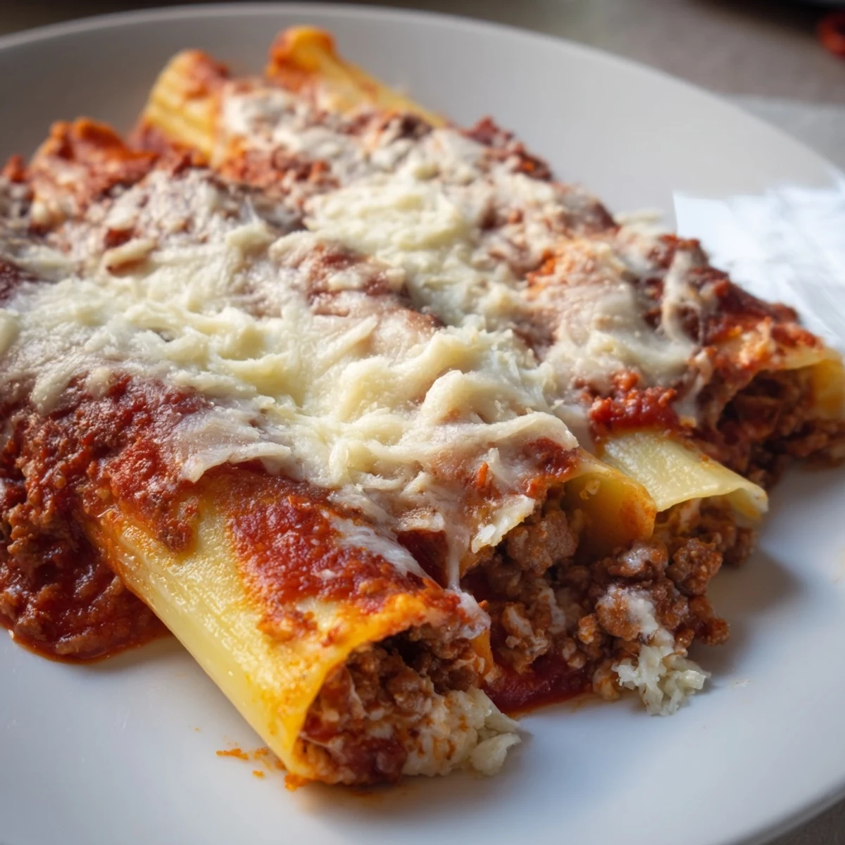 Tender pasta tubes filled with creamy ricotta mixture and topped with bubbling seasoned tomato beef sauce