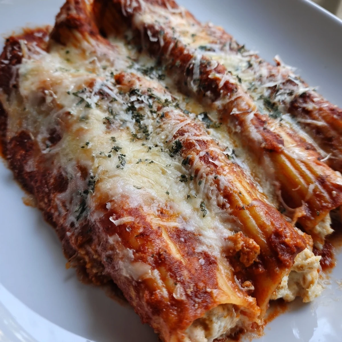 Oven-baked manicotti shells stuffed with three-cheese blend beneath a layer of savory meat sauce and melted mozzarella