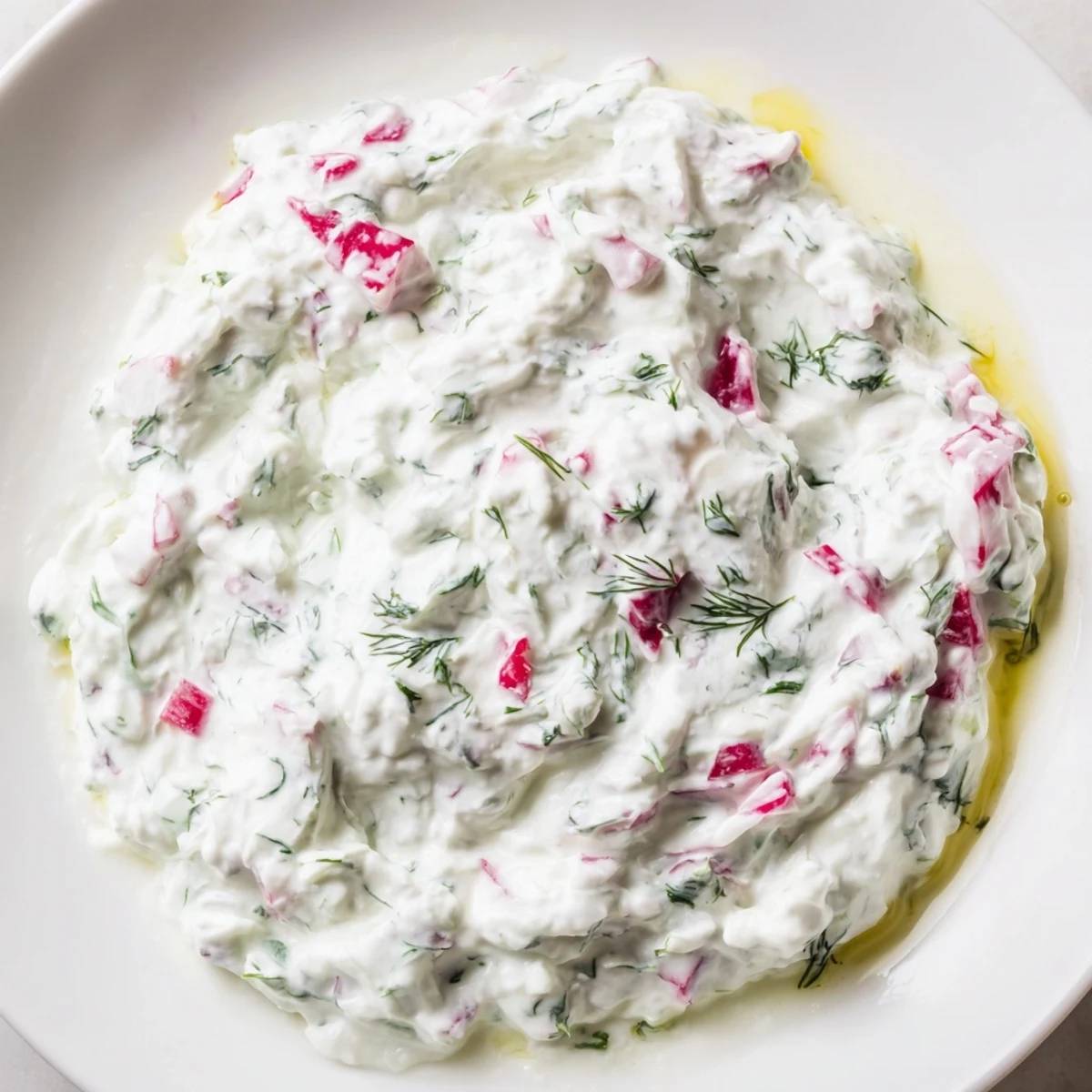 Creamy healthy radish tzatziki dip topped with fresh dill and olive oil drizzle