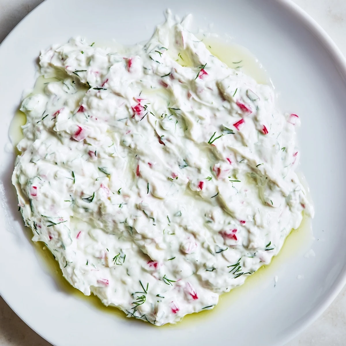 Bowl of healthy radish tzatziki dip garnished with herbs and served chilled