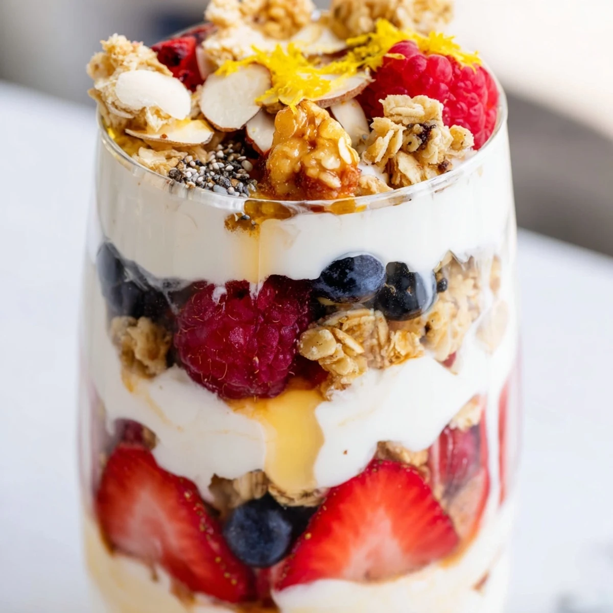 Creamy Greek yogurt parfait layered with fresh berries and crunchy granola in a glass