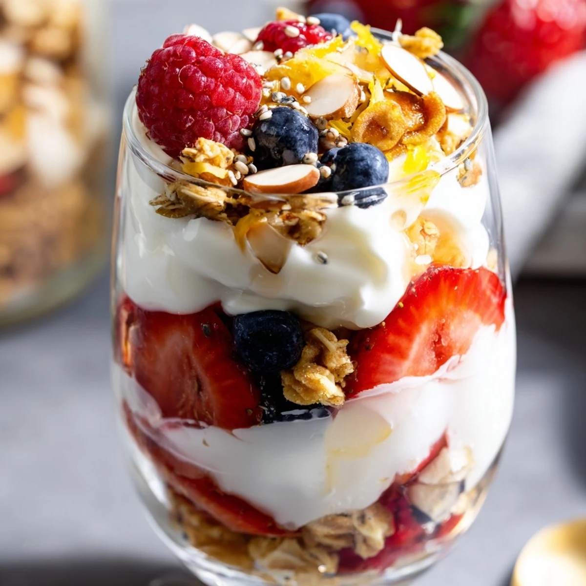 Greek yogurt parfait topped with vibrant mixed berries and golden honey drizzle