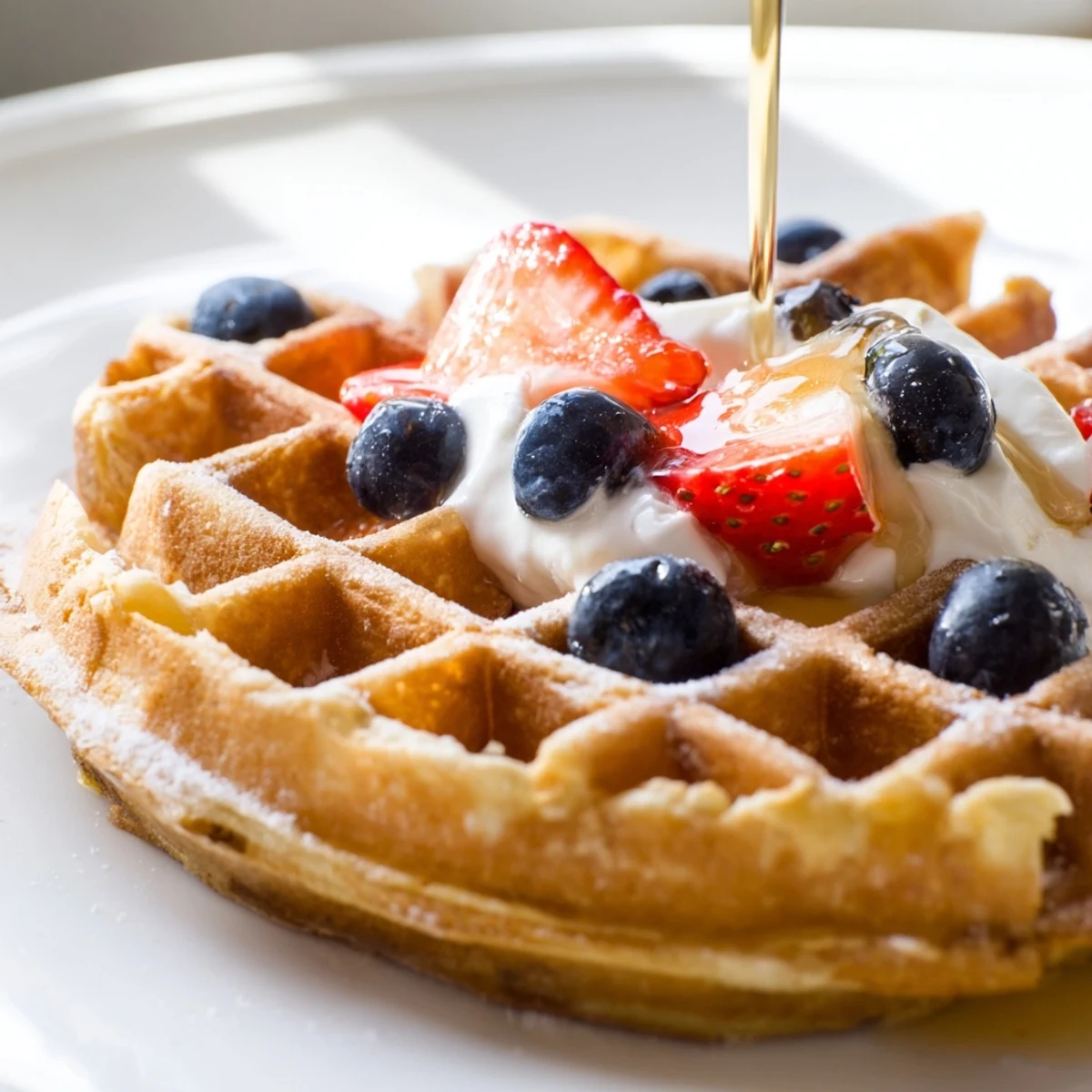 Golden brown Greek Yogurt Waffles topped with fresh berries and drizzled maple syrup
