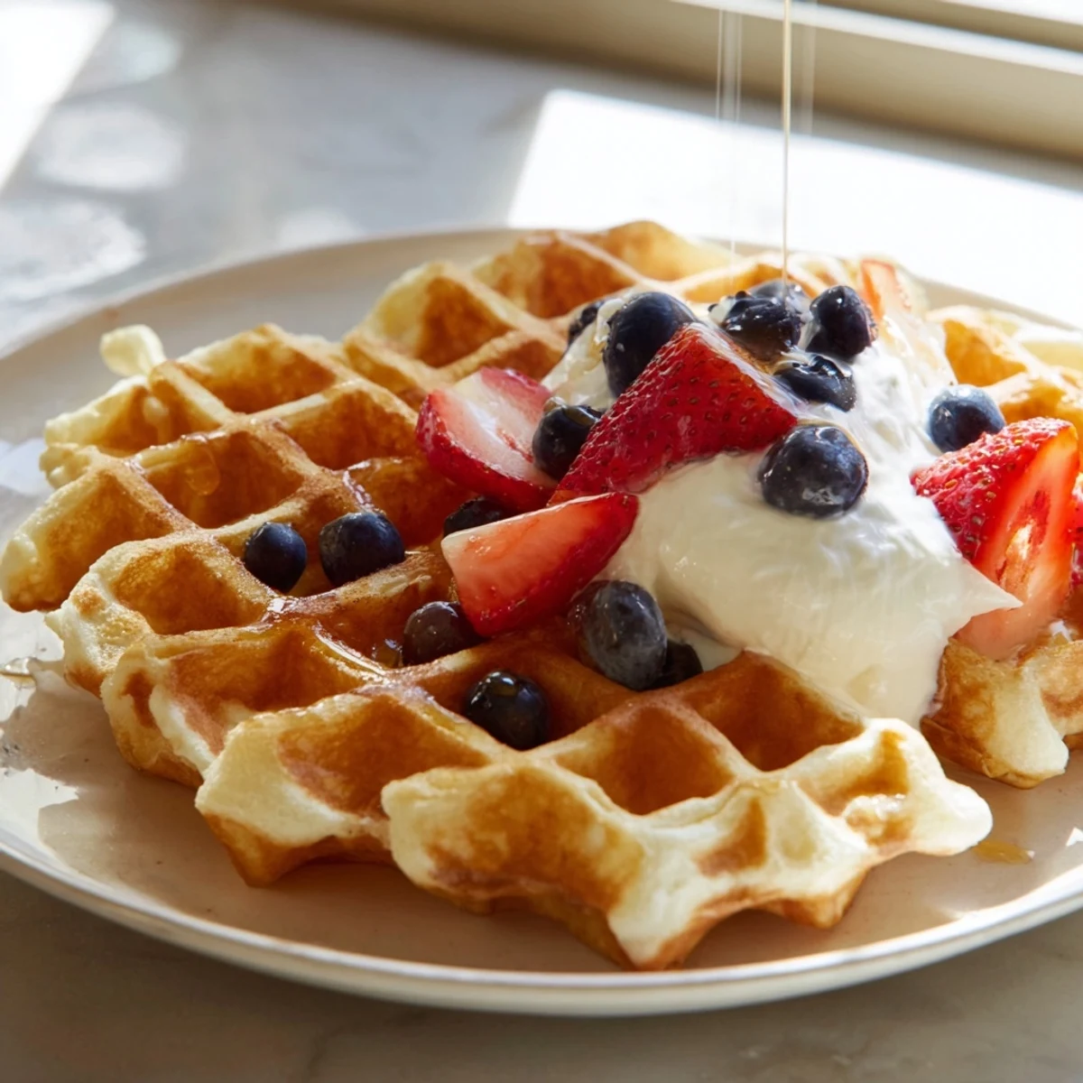 Crispy Greek Yogurt Waffles stacked on a white plate with melted butter