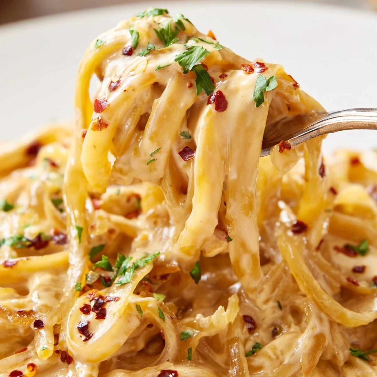 Creamy Sweet Heat Caramelized Onion Fettuccine topped with fresh parsley and Parmesan cheese