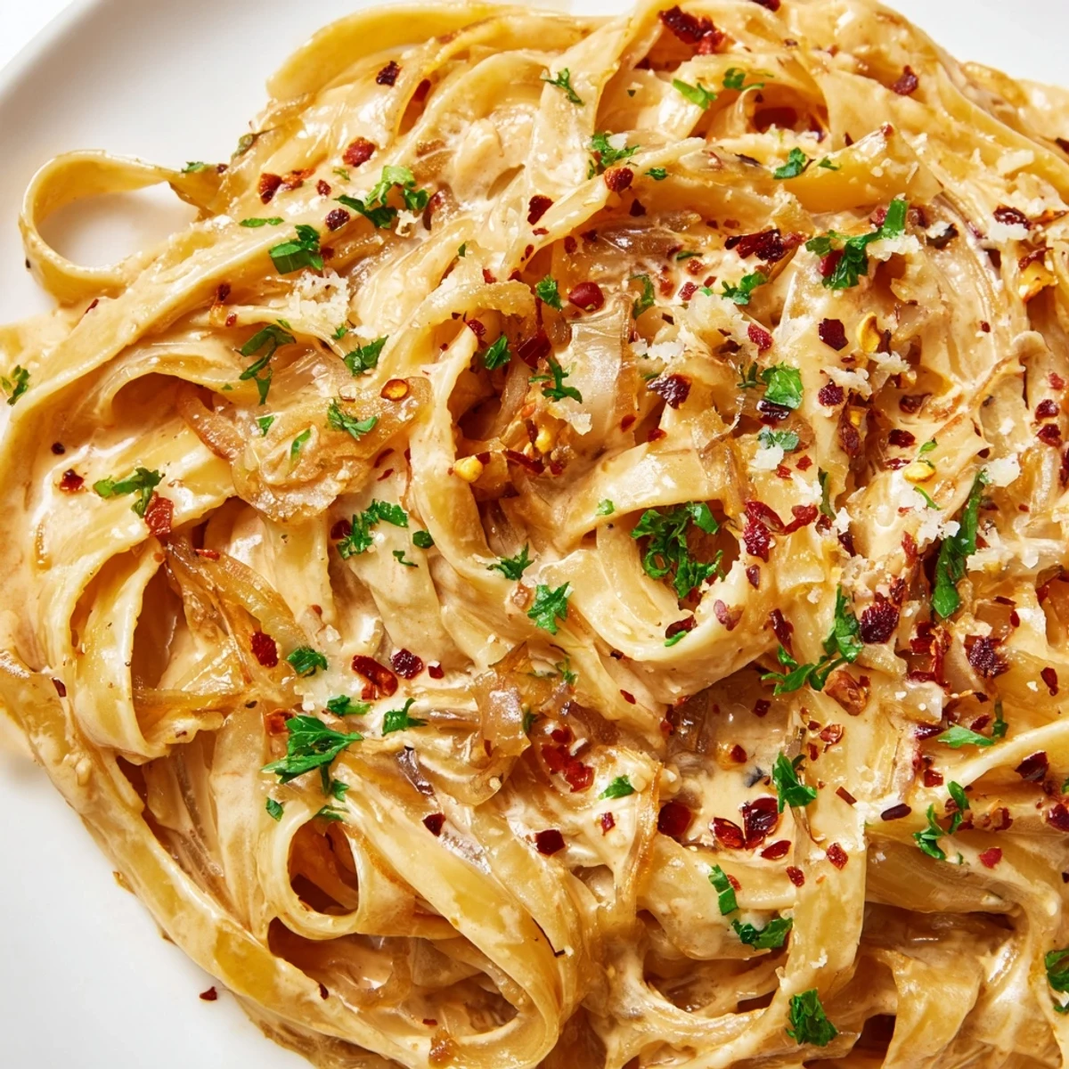 Golden caramelized onions coat Sweet Heat Caramelized Onion Fettuccine in a creamy, spicy sauce