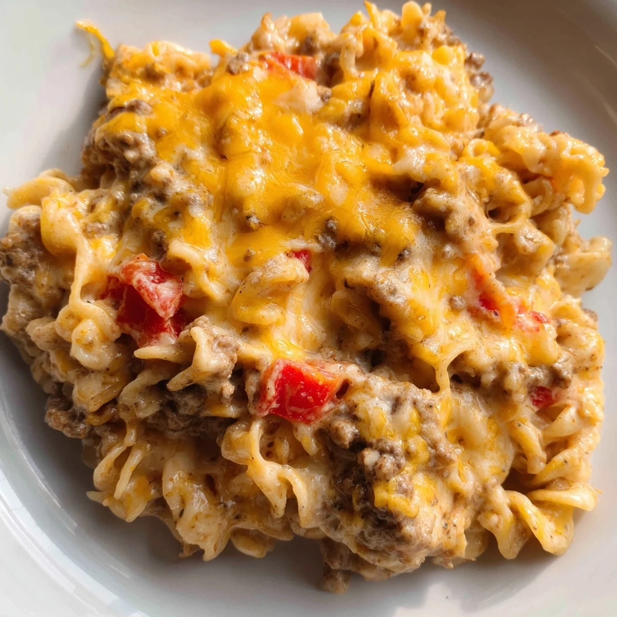 Golden bubbly cheesy beef and noodle casserole fresh from the oven with melted cheddar topping