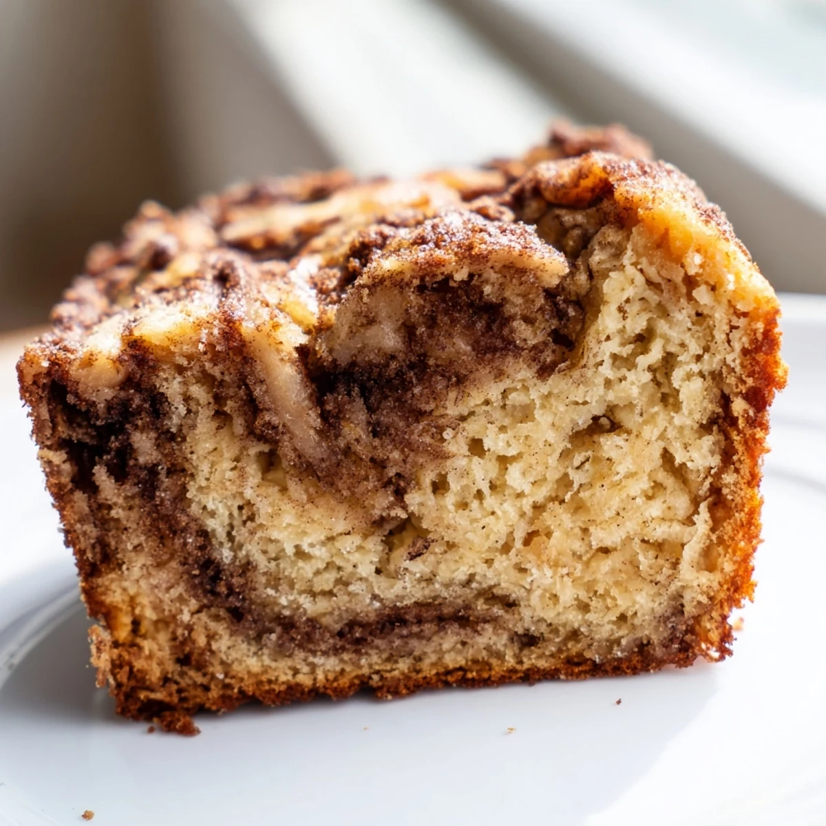 Moist cinnamon sugar swirl banana bread with golden crust sliced on wooden cutting board