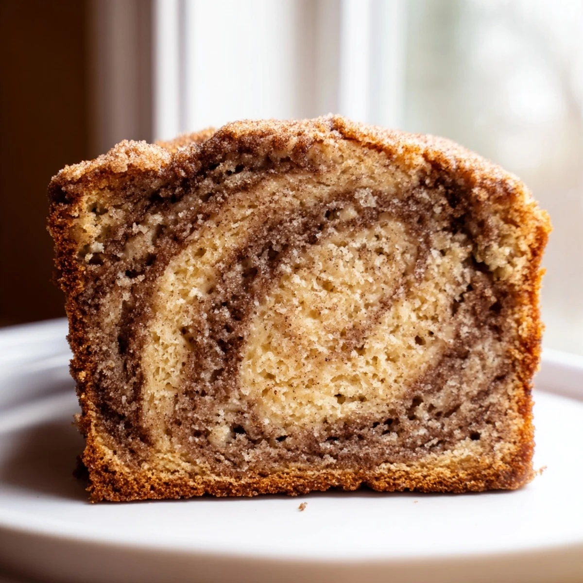 Warm slice of cinnamon sugar swirl banana bread showing marbled cinnamon ribbons inside
