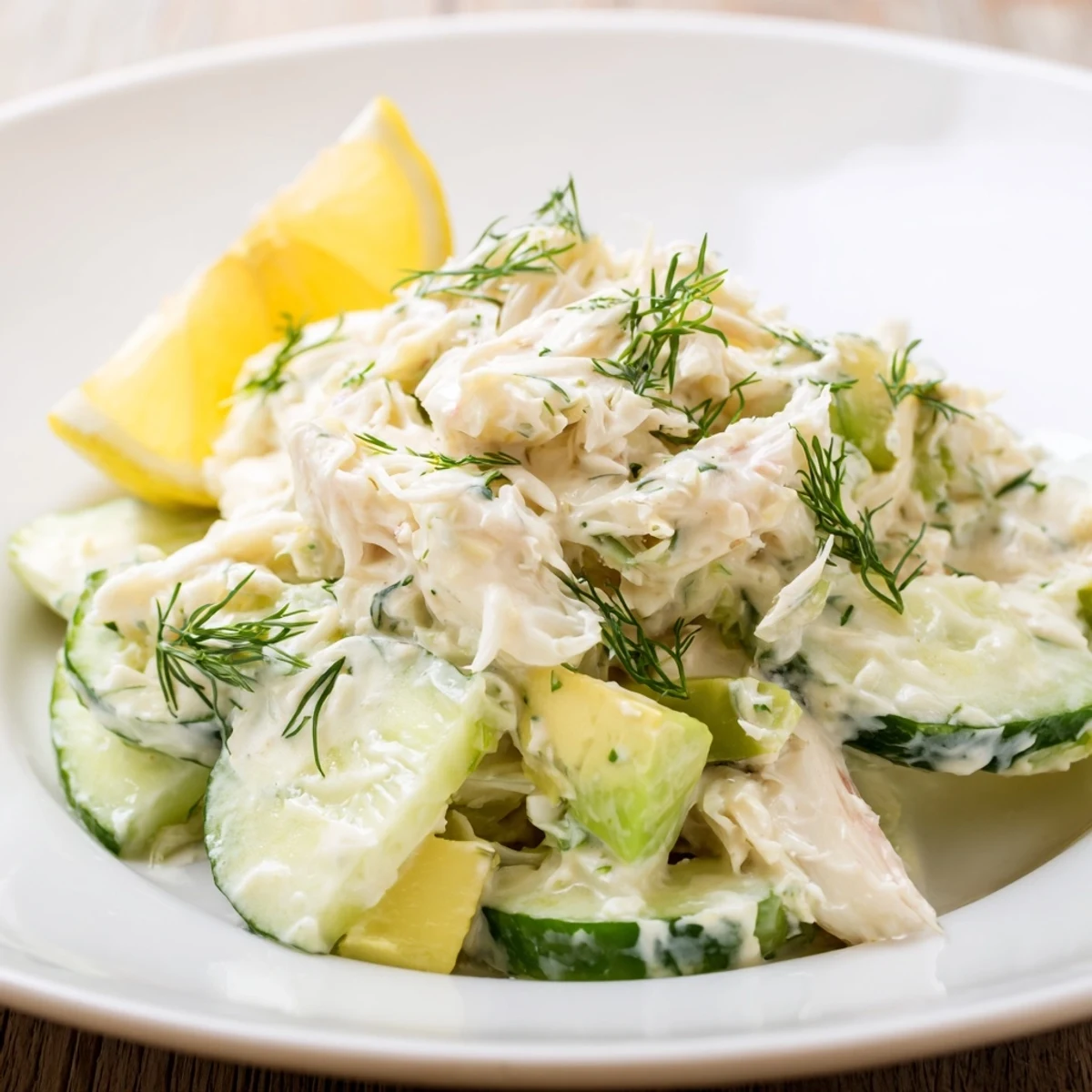 Crisp cucumber salad with crab meat topped with fresh dill and lemon wedges