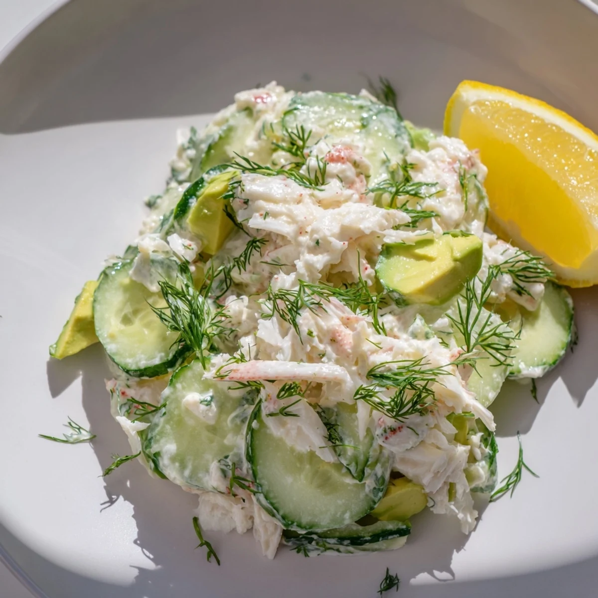 Creamy cucumber salad with crab meat served in a white ceramic bowl