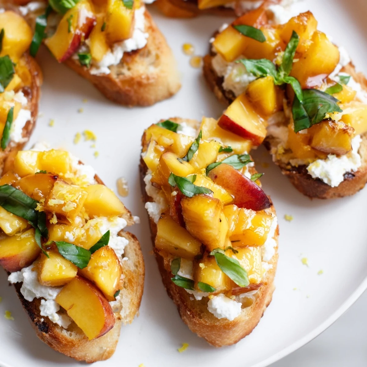 Golden toasted baguette slices topped with creamy ricotta and sweet Sun Kissed Peach Bruschetta
