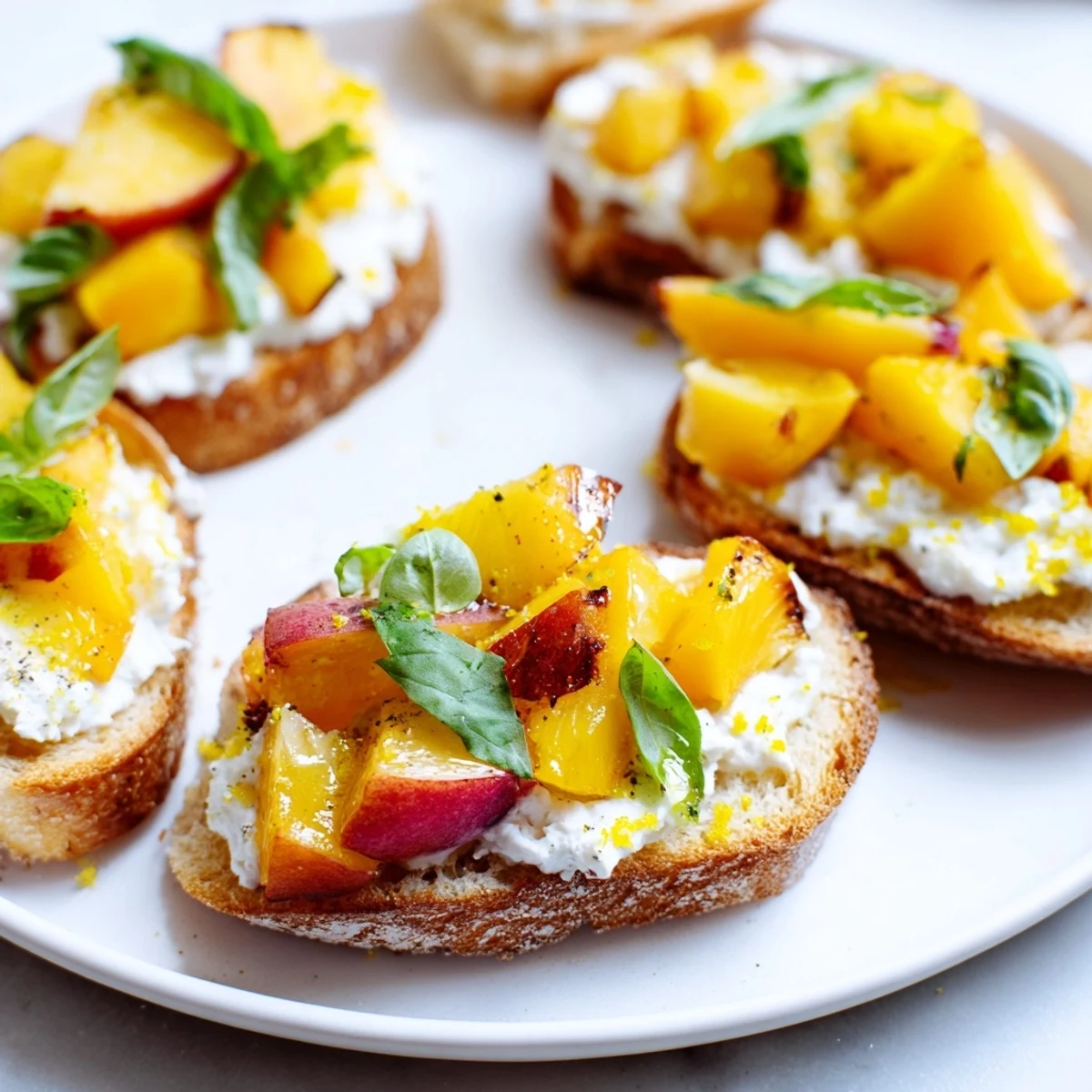 Fresh peaches and basil crown crisp bread in this colorful Sun Kissed Peach Bruschetta appetizer
