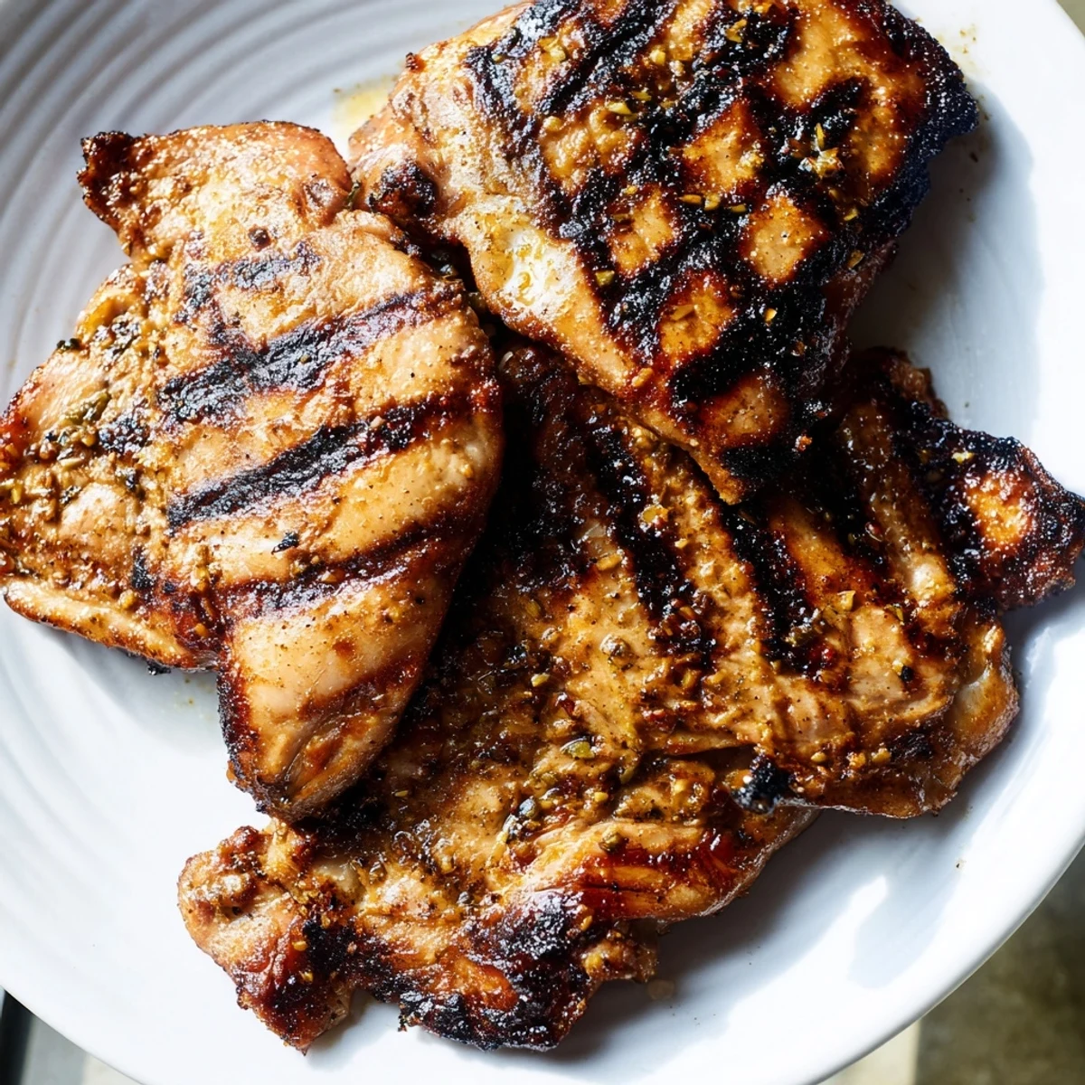 Golden Grilled Vietnamese Chicken with visible char marks served on a white plate with fresh cilantro and lime wedges