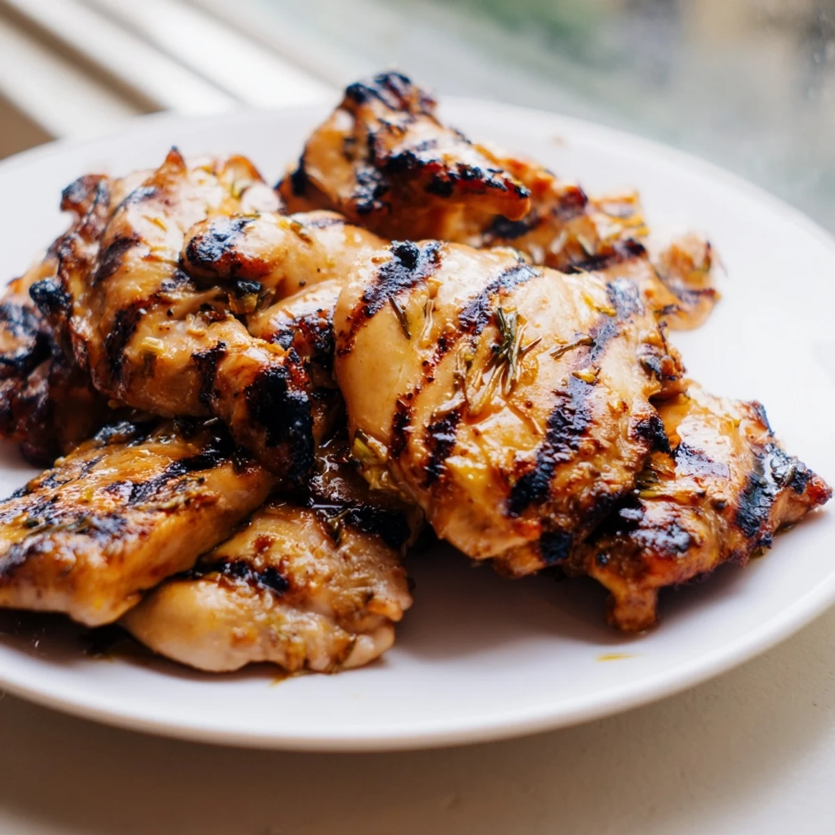 Juicy sliced Grilled Vietnamese Chicken topped with chopped herbs next to crisp cucumber rounds and bright lime garnish