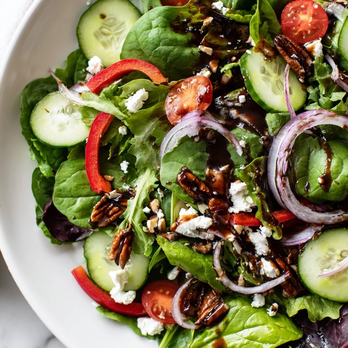 A vibrant spring mix salad with cherry tomatoes, cucumber, and crumbled feta on a rustic plate