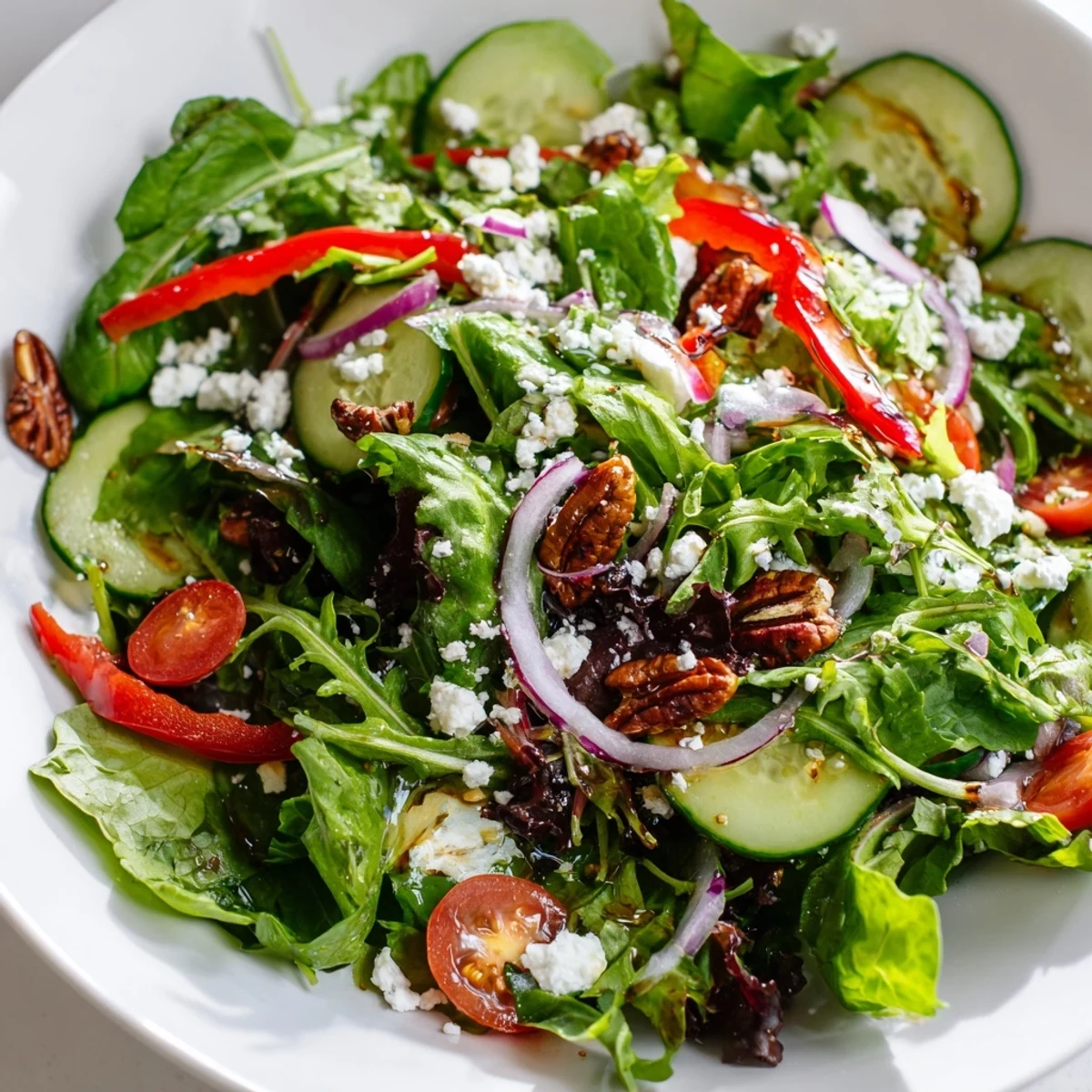 Tender spring greens tossed with bell pepper, red onion, and glossy balsamic vinaigrette dressing