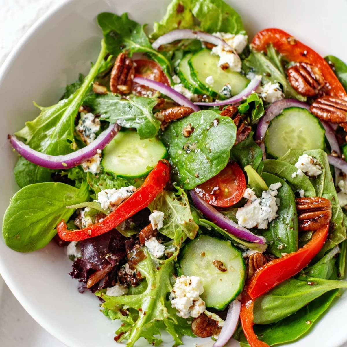 Fresh spring mix salad topped with toasted pecans and colorful crisp vegetables in a wooden bowl