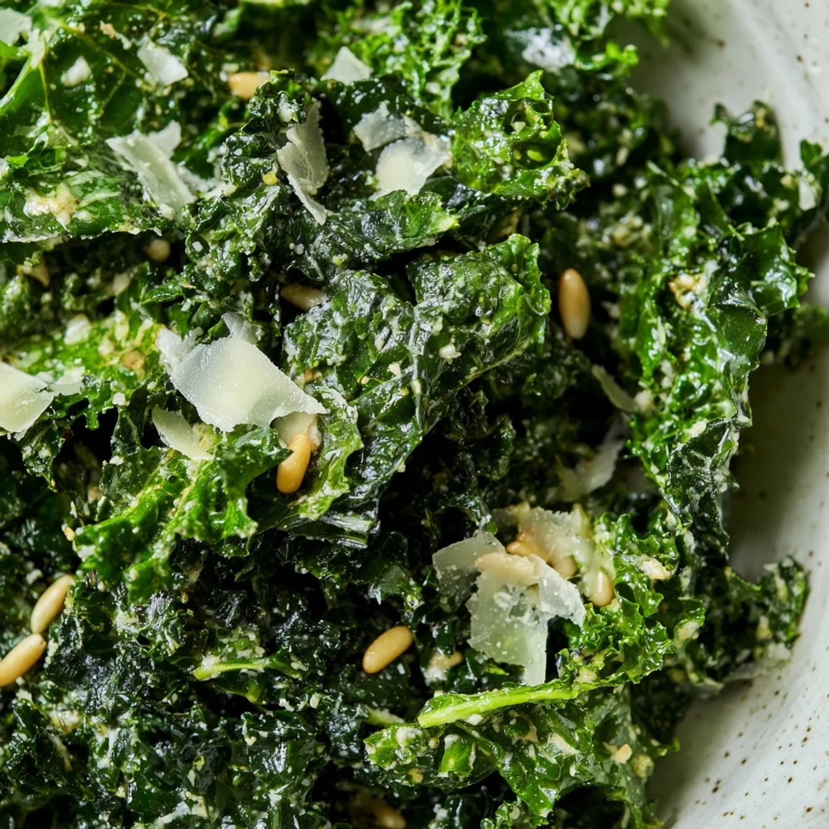 Fresh Garlic Lemon Parmesan Kale Salad with shaved cheese and toasted pine nuts in a rustic bowl