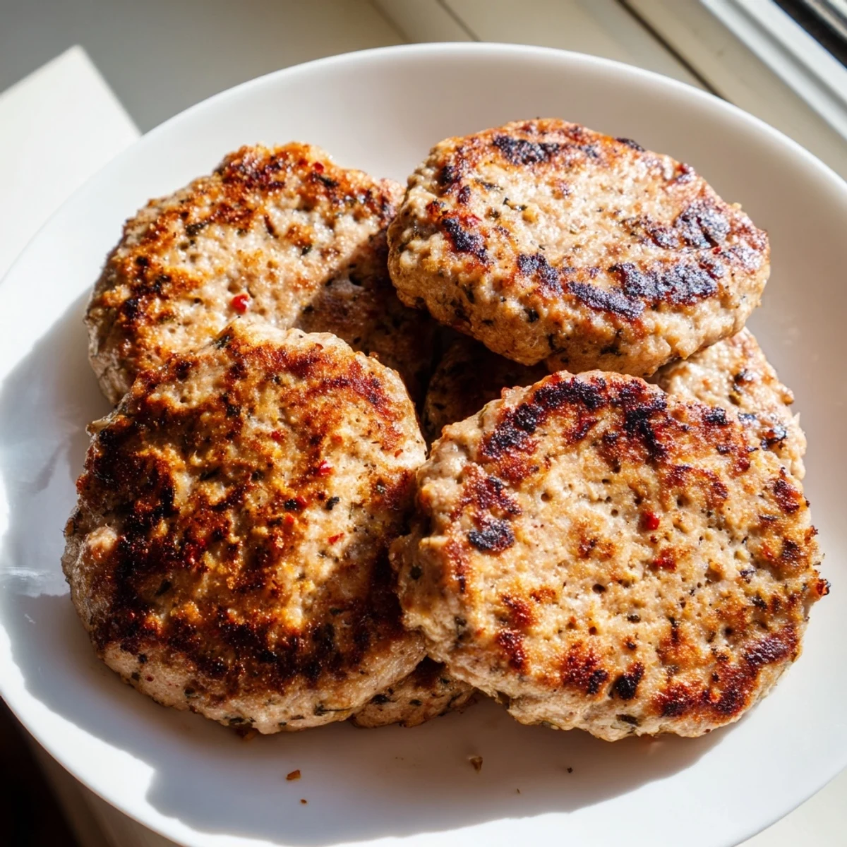 Golden brown ground turkey sausage patties sizzling in a cast iron skillet with herbs