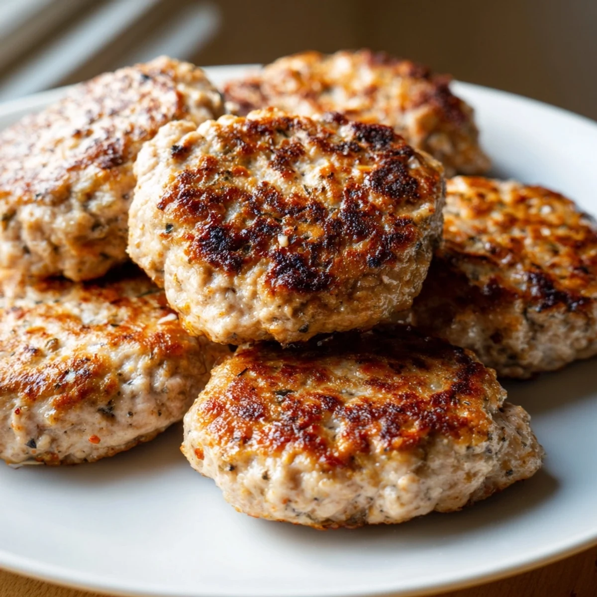 Homemade ground turkey sausage seasoned with sage and paprika on a breakfast plate