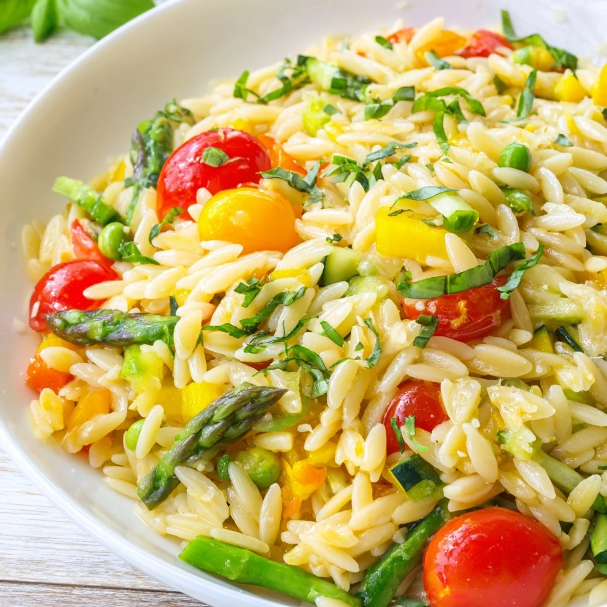 Orzo Primavera in a white bowl speckled with green peas, zucchini, and cherry tomatoes