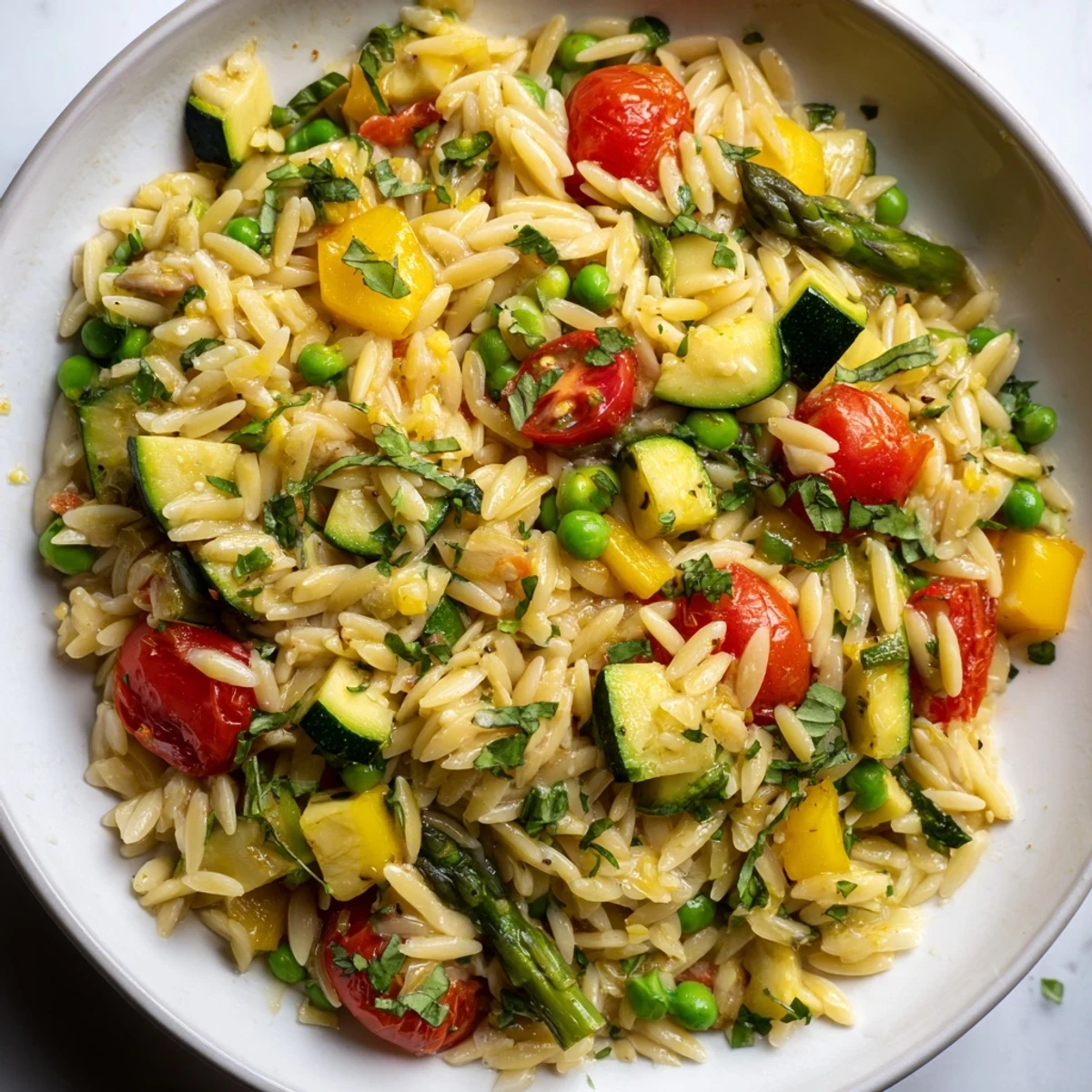 Creamy Orzo Primavera topped with fresh basil and grated Parmesan cheese