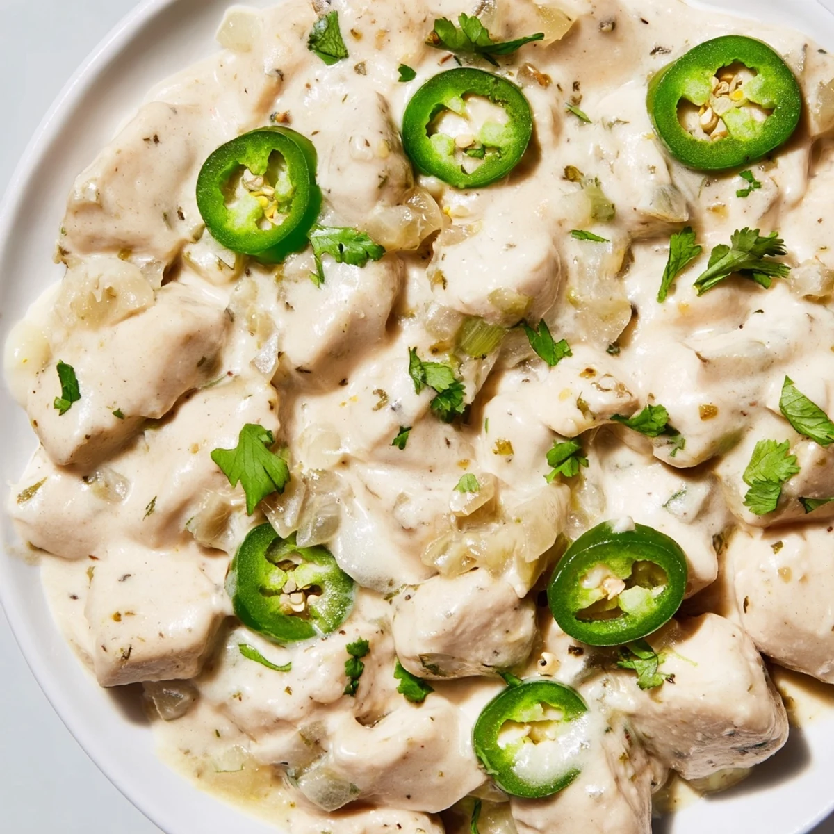 Creamy jalapeno chicken in golden sauce topped with fresh cilantro and melted cheese