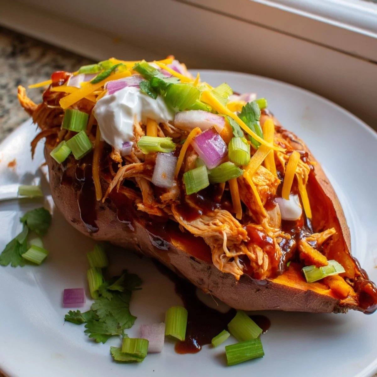Tender roasted sweet potato topped with smoky BBQ chicken and melted cheddar cheese