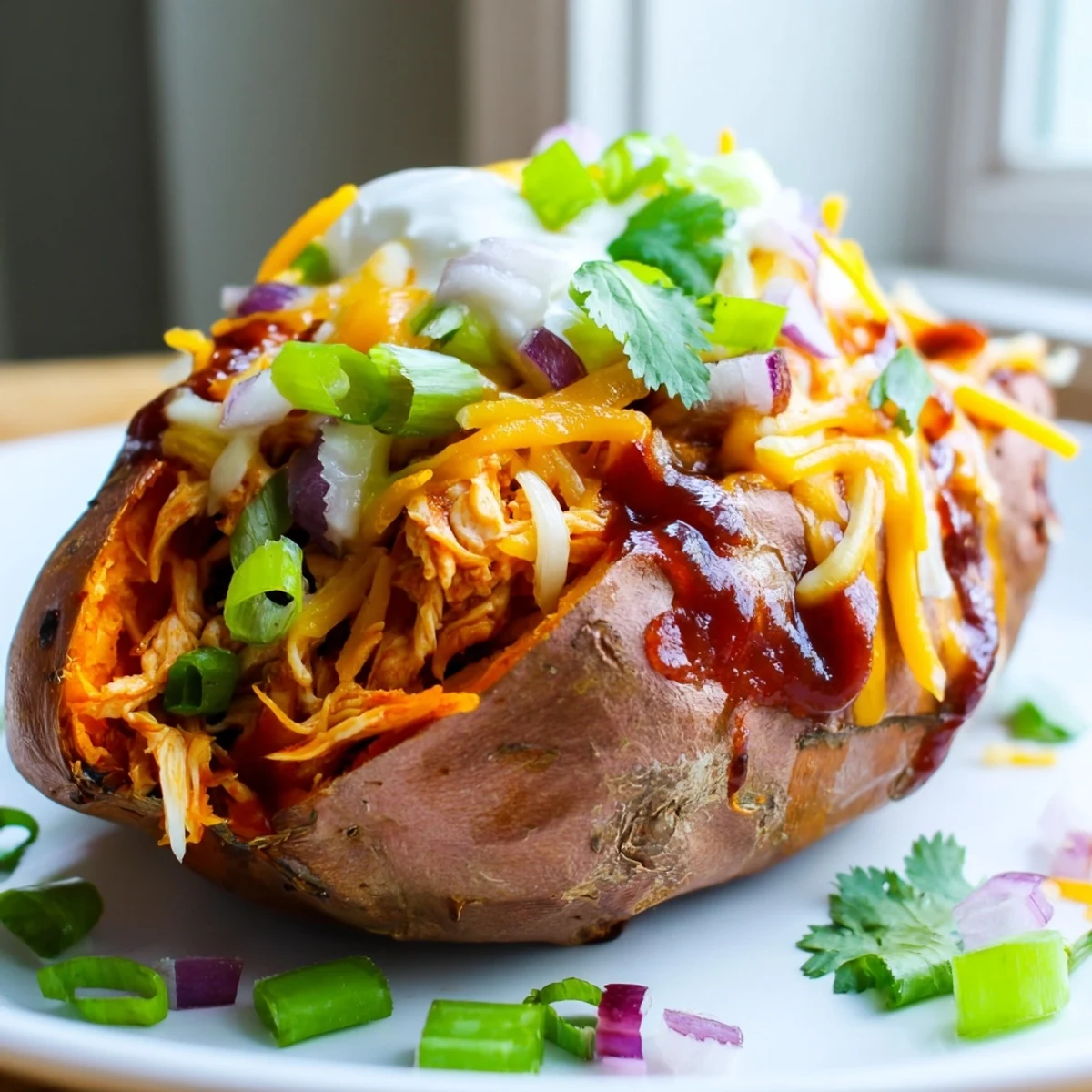 BBQ chicken stuffed sweet potatoes with gooey cheese and fresh green onion garnish