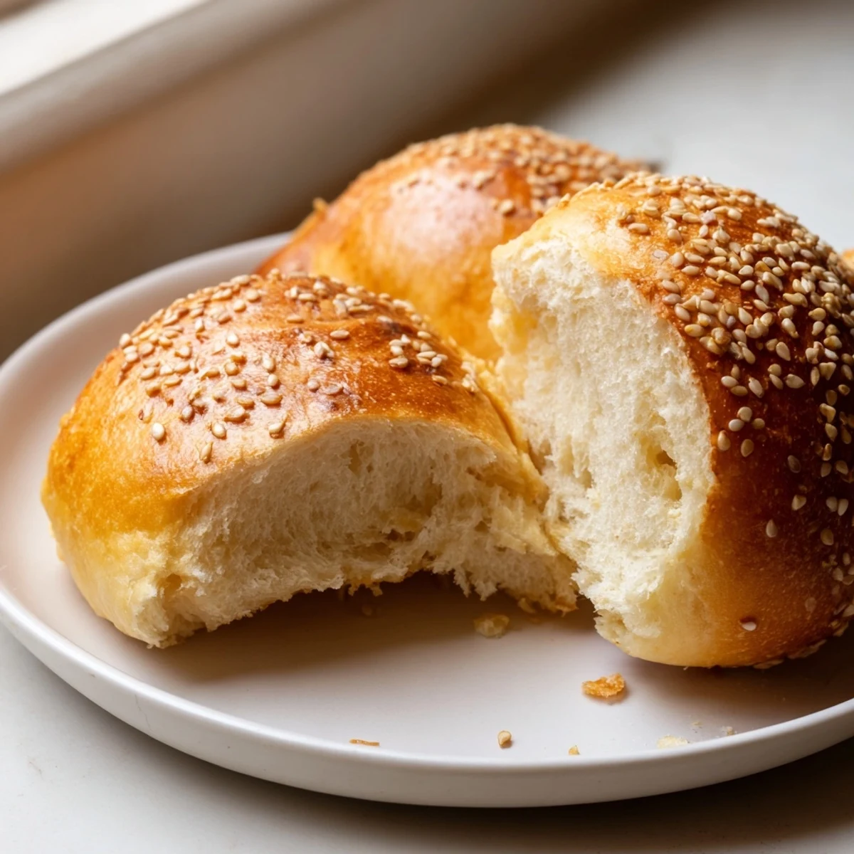 Golden brown sourdough discard hot dog buns brushed with butter on a wooden cutting board.