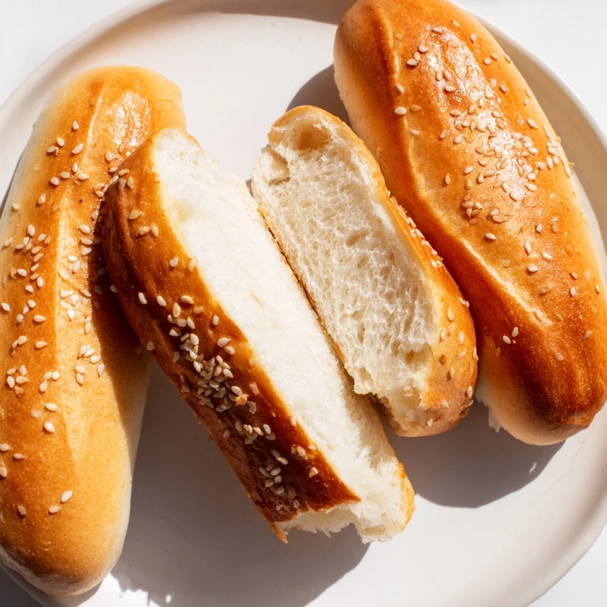 Soft homemade sourdough discard hot dog buns topped with sesame seeds ready for grilling season.