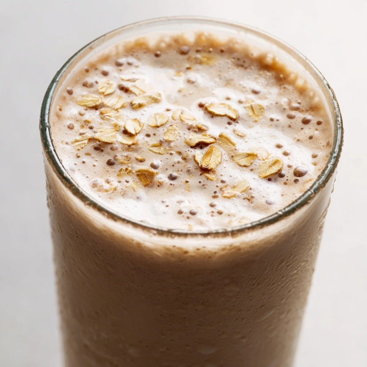 Creamy coffee smoothie topped with chocolate shavings in a clear glass