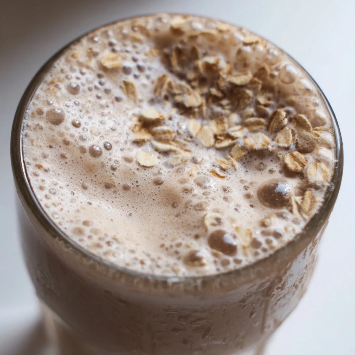 Thick coffee smoothie poured into mason jars with banana slices