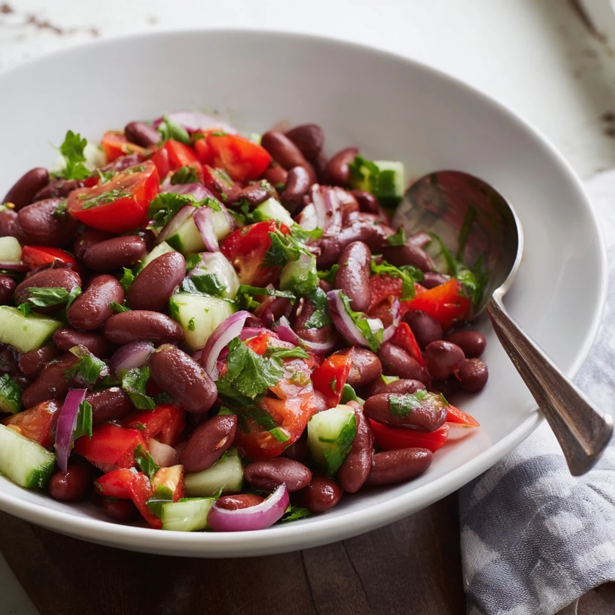 Colorful kidney bean salad in a bowl with crisp peppers, cucumber, and fresh herbs