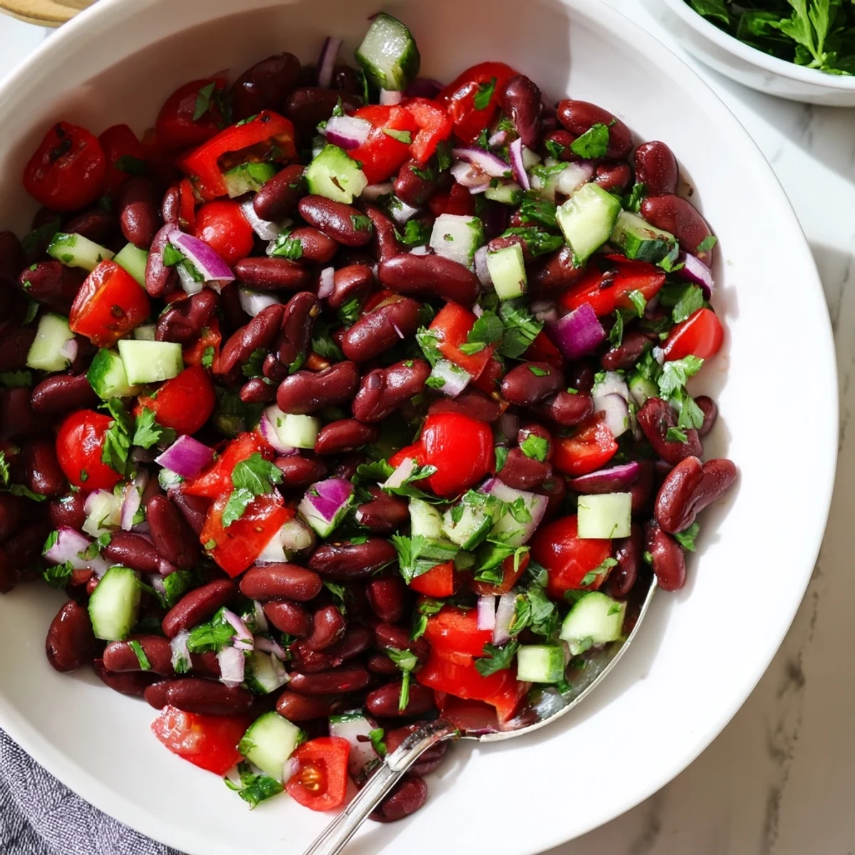 Kidney bean salad tossed with vibrant vegetables and tangy vinaigrette on a white plate