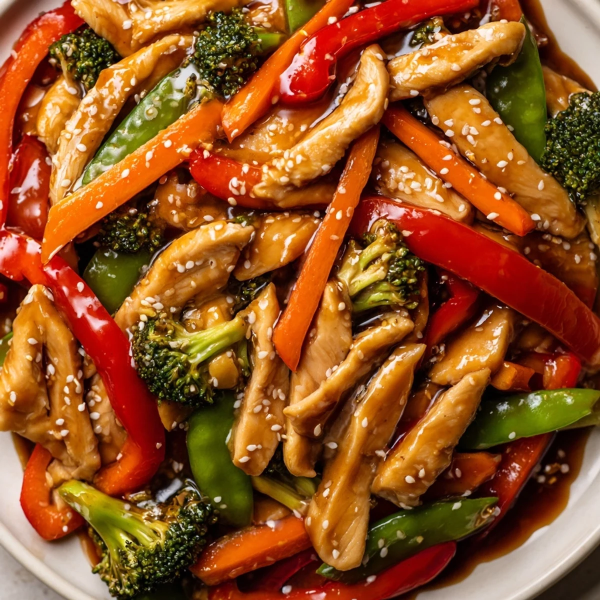 Sesame soy chicken stir fry with colorful crisp vegetables in glossy sauce