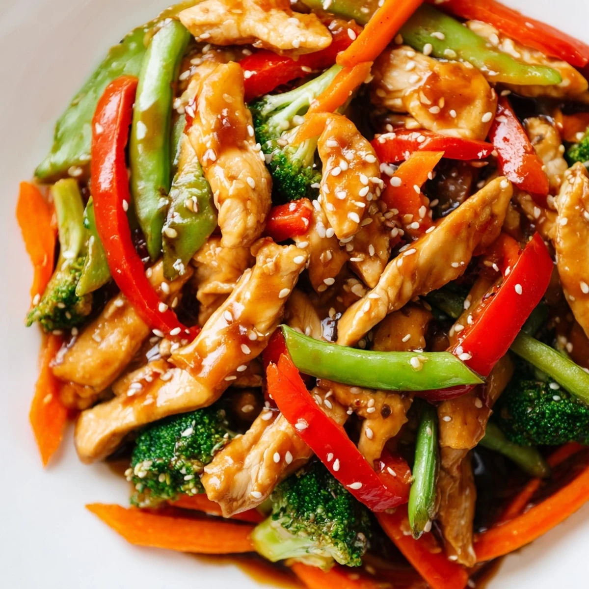 Tender sesame soy chicken stir fry topped with sesame seeds and scallions