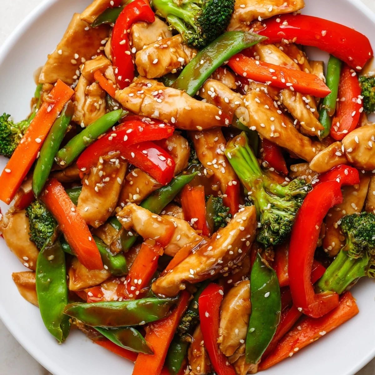 Warm sesame soy chicken stir fry served over fluffy white rice in bowl