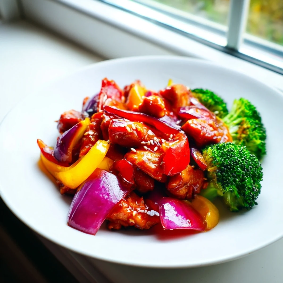 Quick flavorful weeknight meal served over steamed rice with colorful bell peppers