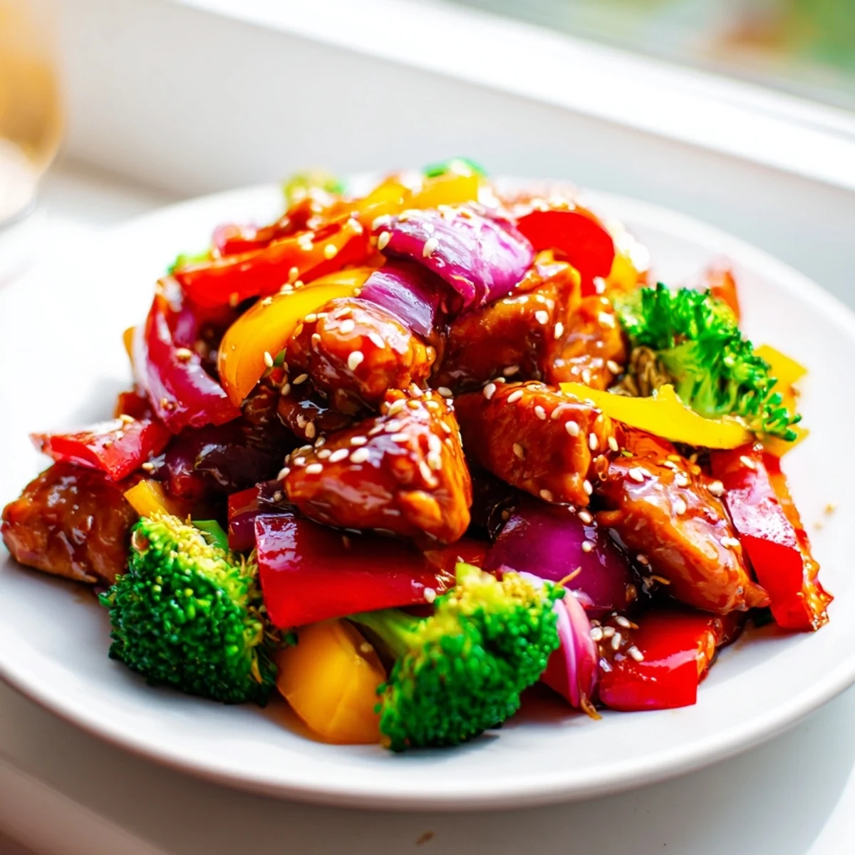 Colorful vegetable and chicken stir-fry quick flavorful weeknight meal in cast iron skillet