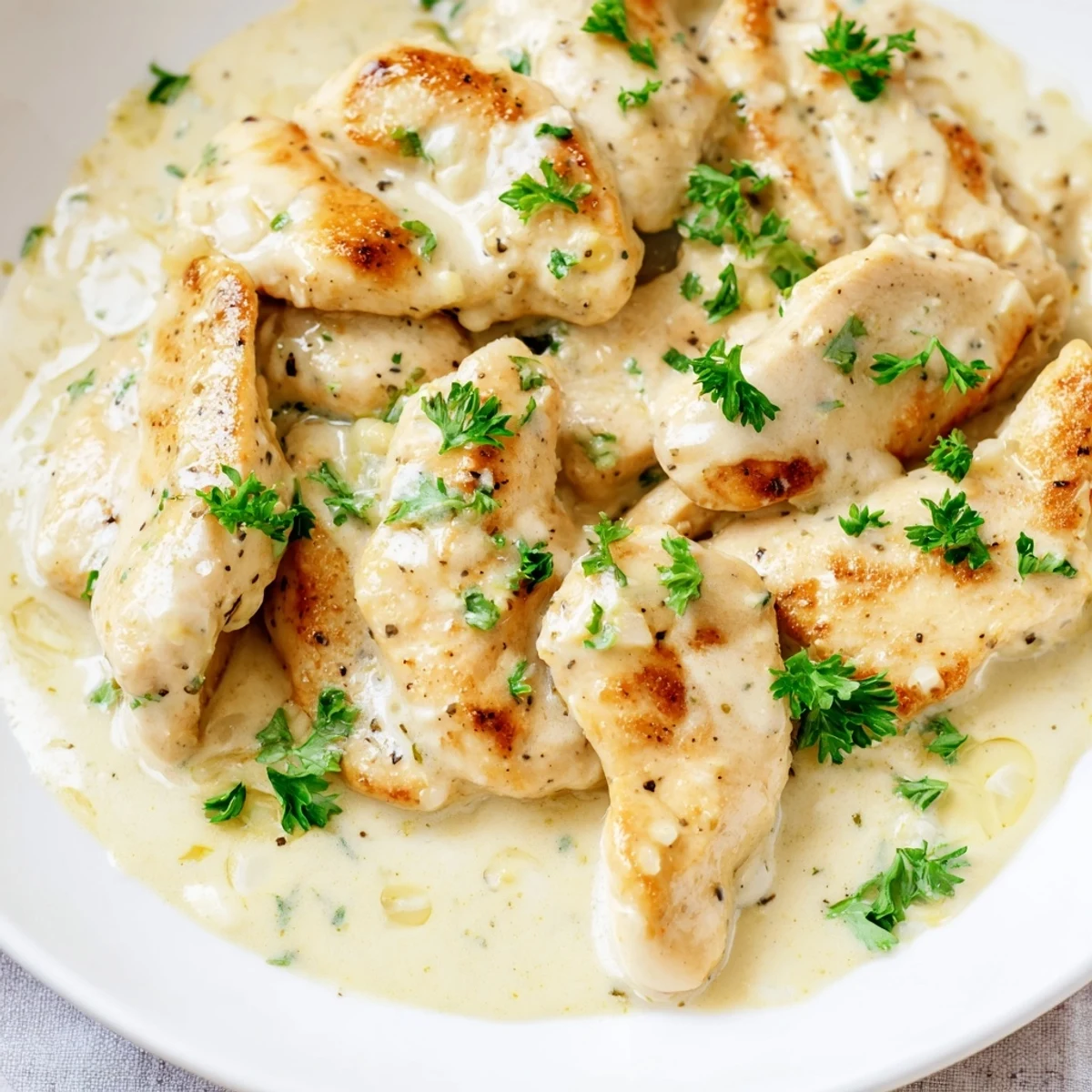 Creamy garlic chicken in golden skillet with rich white parmesan sauce and fresh parsley garnish